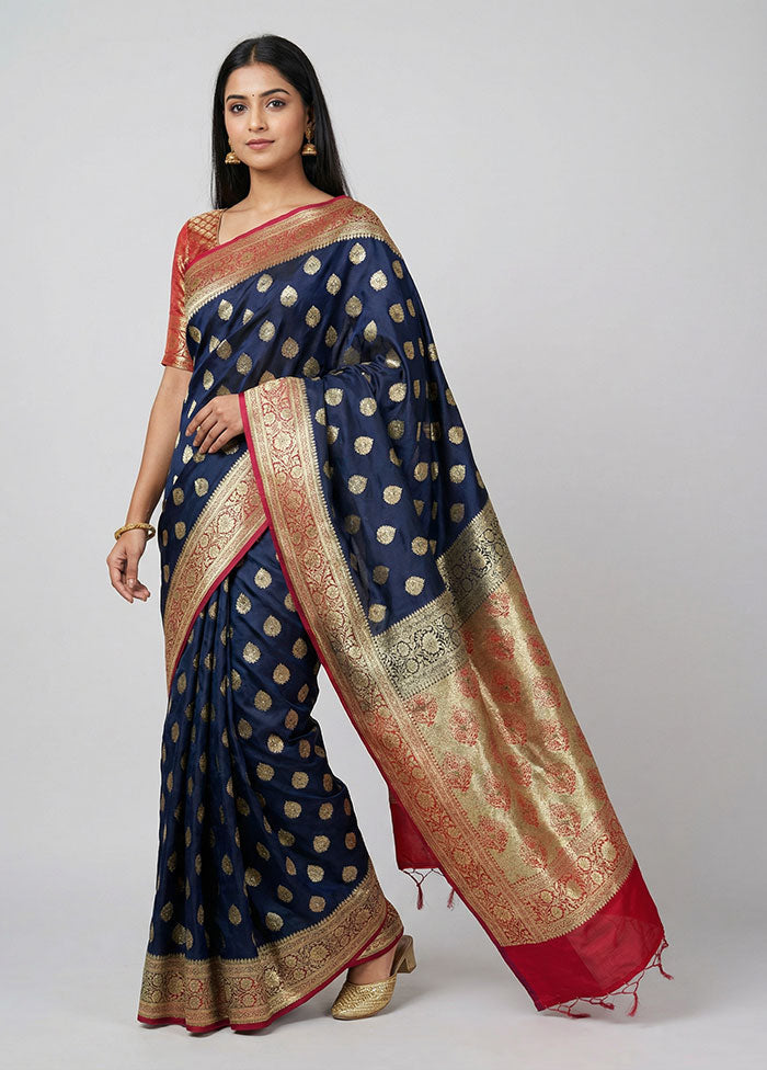 Blue Banarasi Silk Saree With Blouse Piece