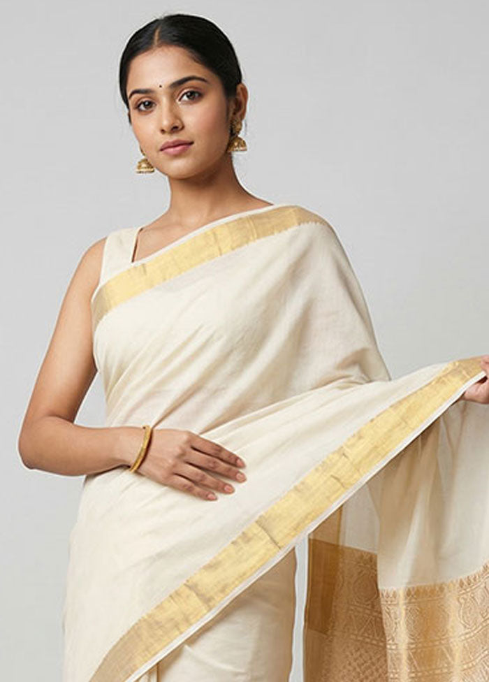White Kanjivaram Silk Saree With Blouse Piece