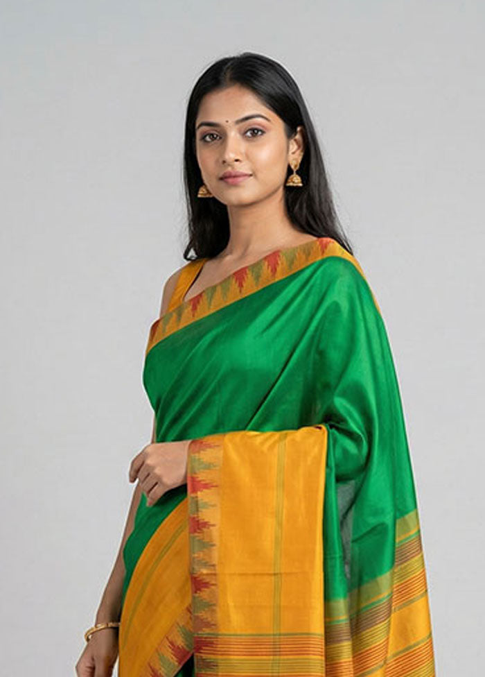 Green Handloom Kanjivaram Pure Silk Saree With Blouse Piece