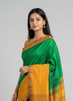 Green Handloom Kanjivaram Pure Silk Saree With Blouse Piece