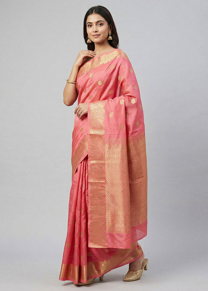 Pink Handloom Kanjivaram Pure Silk Saree With Blouse Piece
