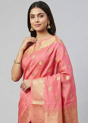 Pink Handloom Kanjivaram Pure Silk Saree With Blouse Piece