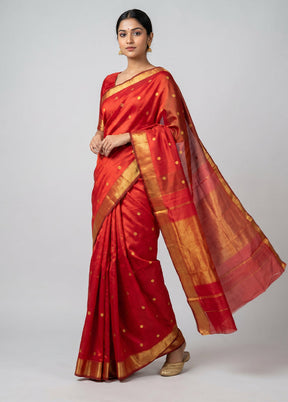 Rust Handloom Kanjivaram Pure Silk Saree With Blouse Piece