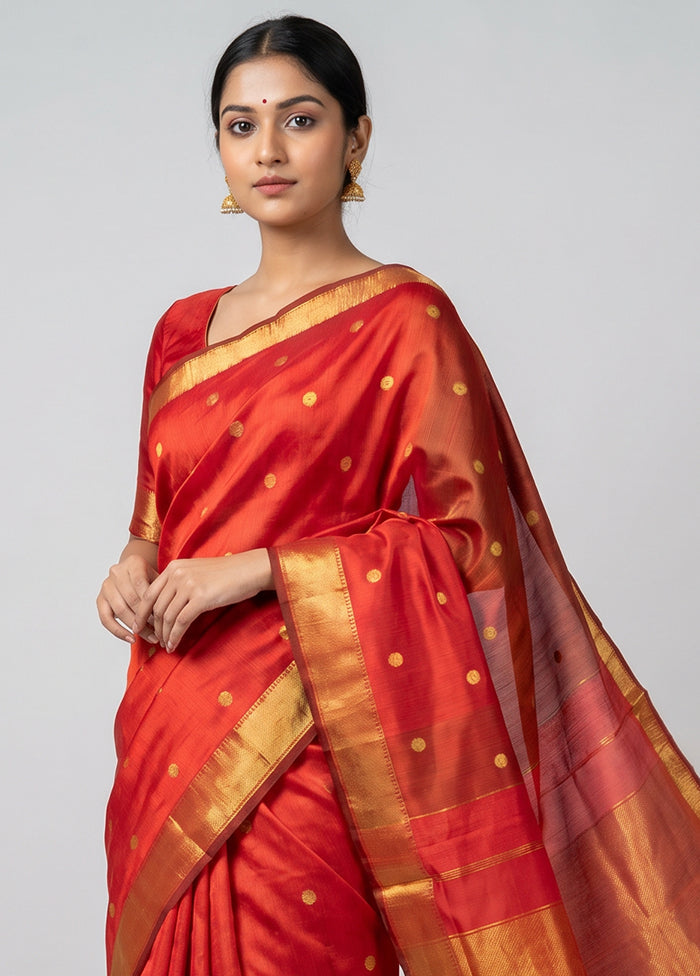 Rust Handloom Kanjivaram Pure Silk Saree With Blouse Piece