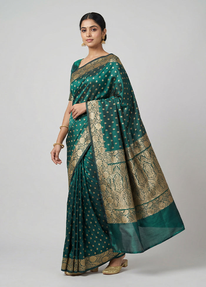 Green Handloom Banarasi Pure Silk Saree With Blouse Piece