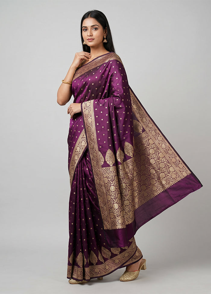 Purple Handloom Banarasi Pure Silk Saree With Blouse Piece
