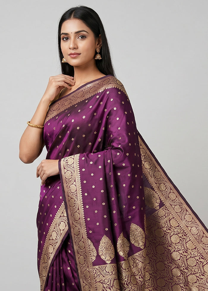 Purple Handloom Banarasi Pure Silk Saree With Blouse Piece