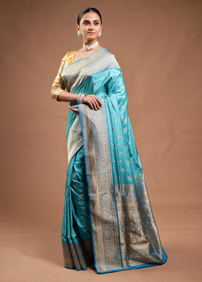 Blue Handloom Katan Pure Silk Saree With Blouse Piece