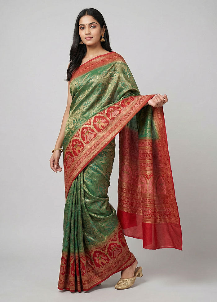 Green Dupion Silk Saree With Blouse Piece