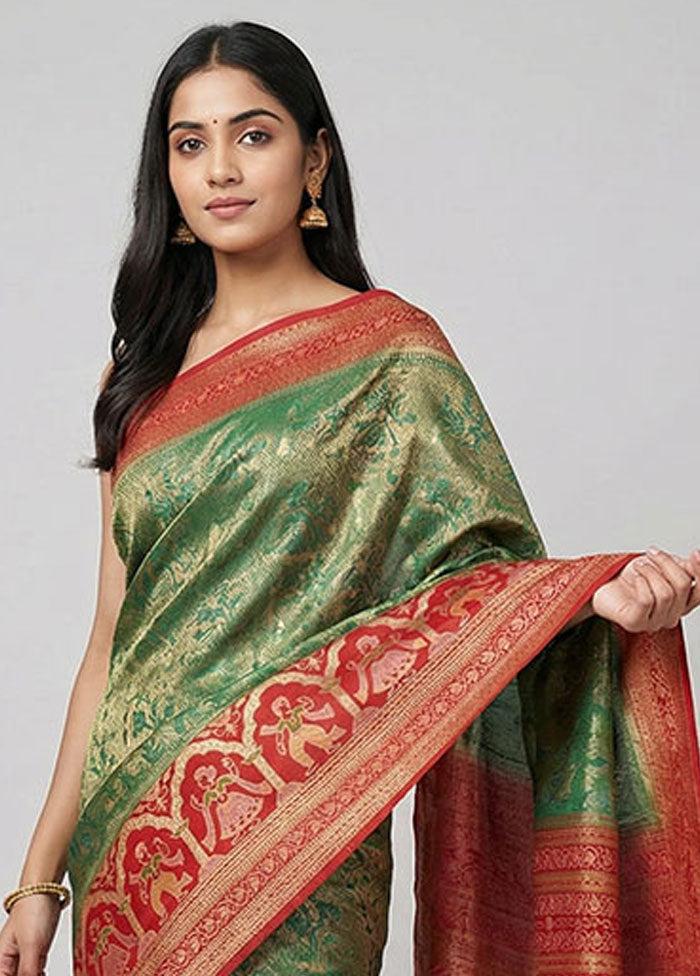 Green Dupion Silk Saree With Blouse Piece