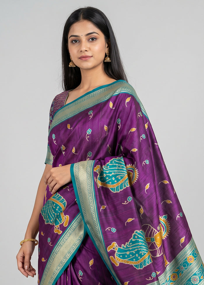 Purple Tussar Silk Saree With Blouse Piece
