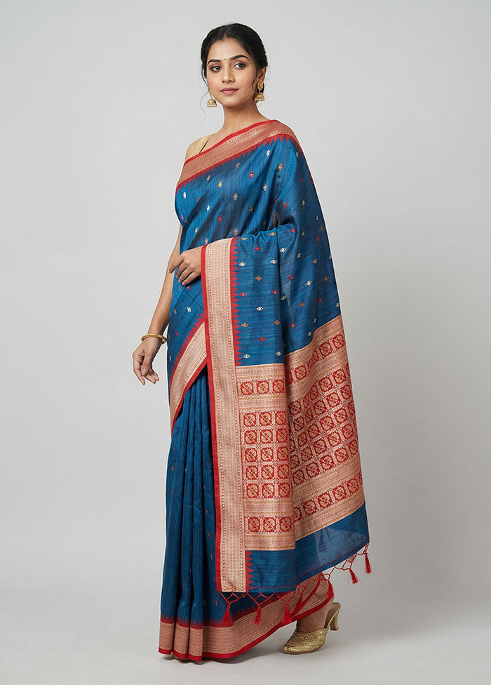 Blue Tussar Silk Saree With Blouse Piece