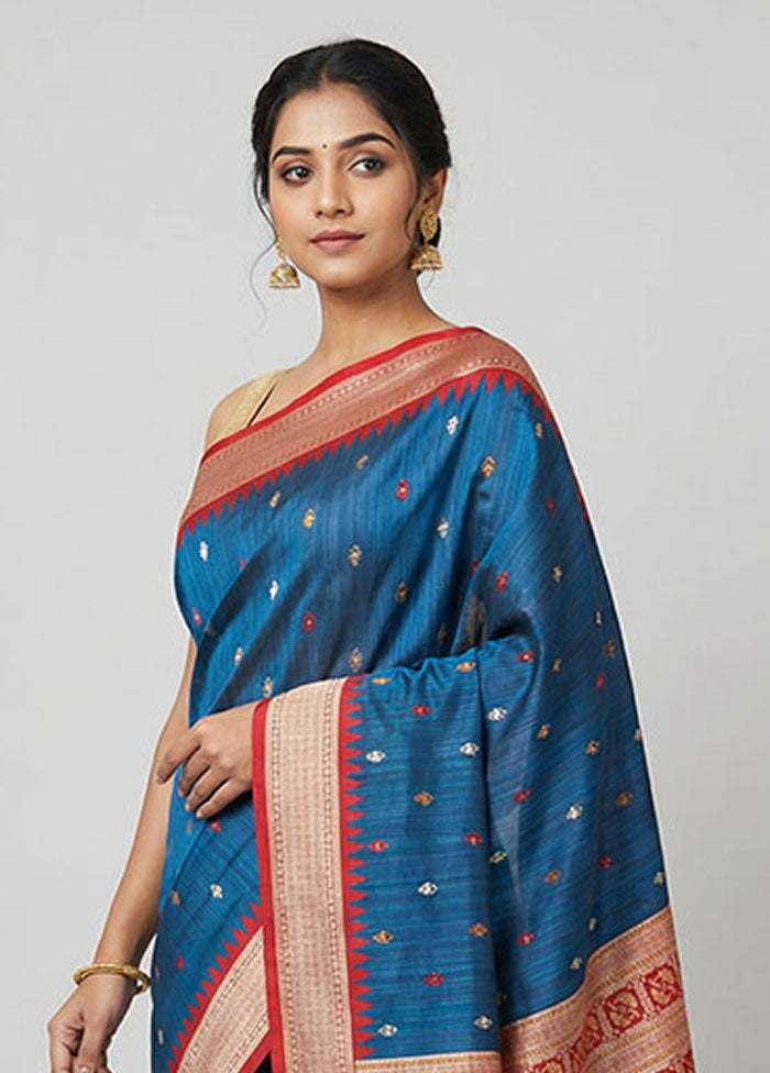 Blue Tussar Silk Saree With Blouse Piece