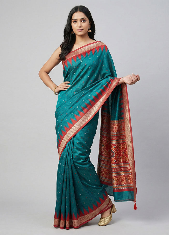 Green Tussar Silk Saree With Blouse Piece