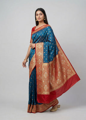 Blue Dupion Silk Saree With Blouse Piece