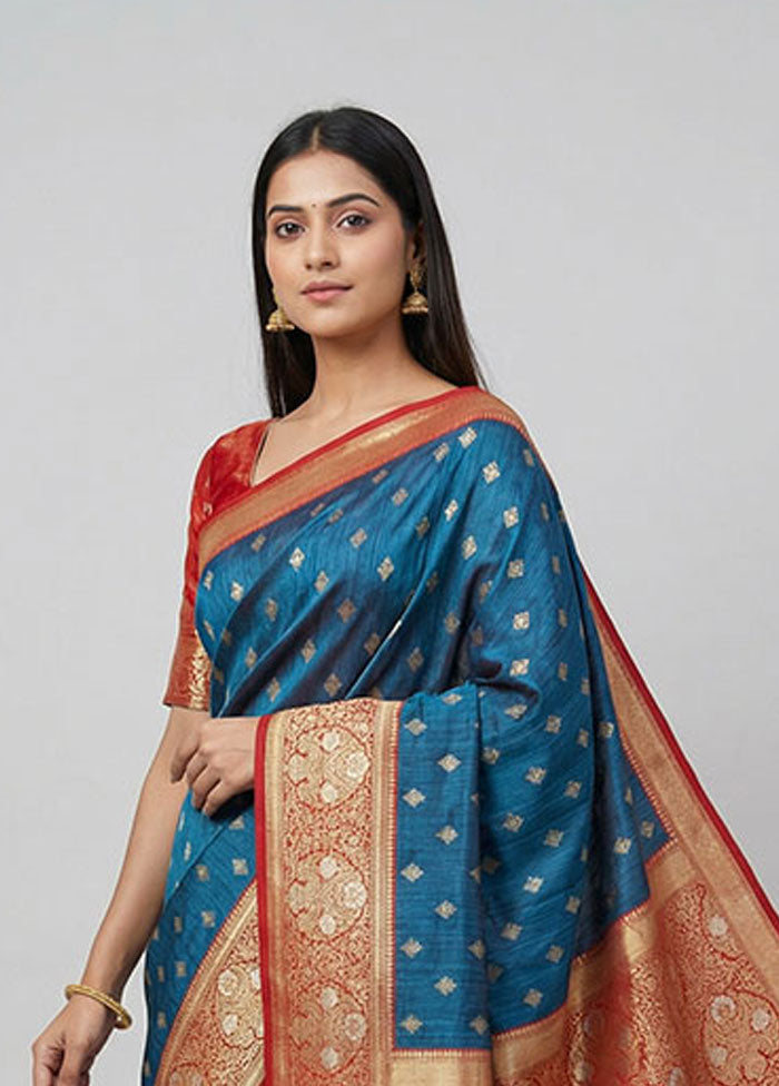 Blue Dupion Silk Saree With Blouse Piece