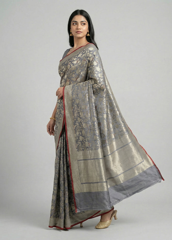 Grey Handloom Katan Pure Silk Saree With Blouse Piece