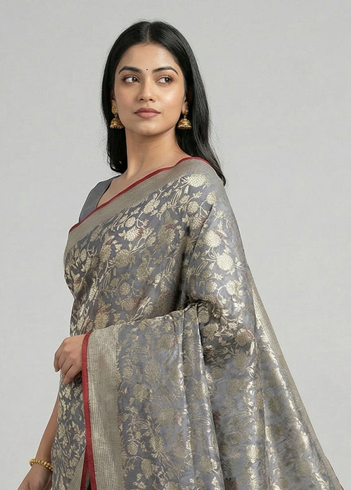 Grey Handloom Katan Pure Silk Saree With Blouse Piece