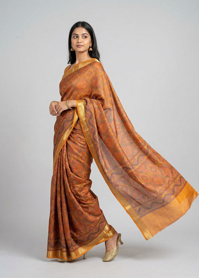 Yellow Printed Pure Silk Saree Without Blouse Piece
