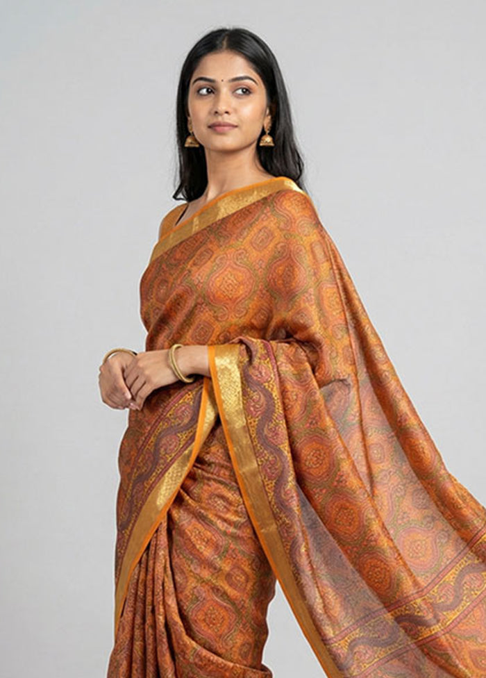 Yellow Printed Pure Silk Saree Without Blouse Piece