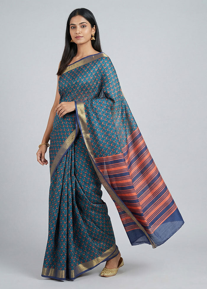 Blue Printed Pure Silk Saree Without Blouse Piece