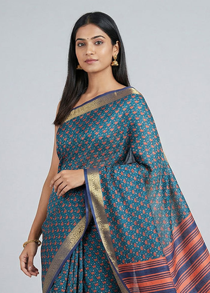 Blue Printed Pure Silk Saree Without Blouse Piece