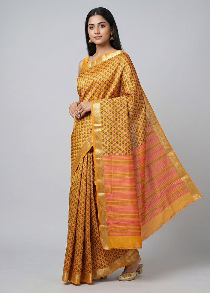 Yellow Printed Pure Silk Saree Without Blouse Piece