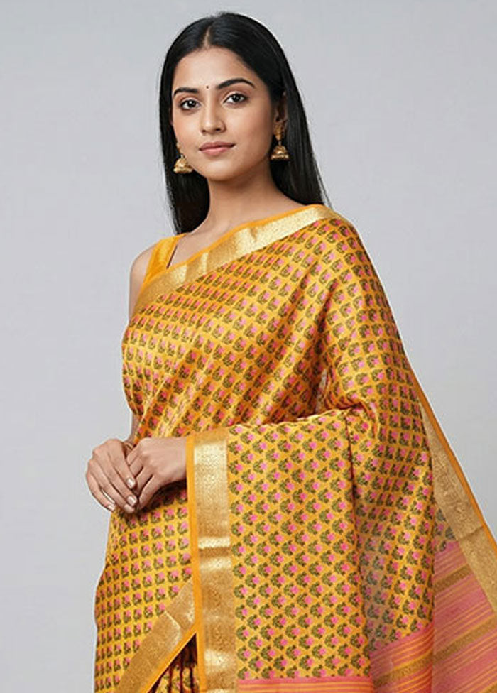 Yellow Printed Pure Silk Saree Without Blouse Piece
