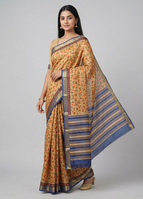 Cream Printed Pure Silk Saree Without Blouse Piece