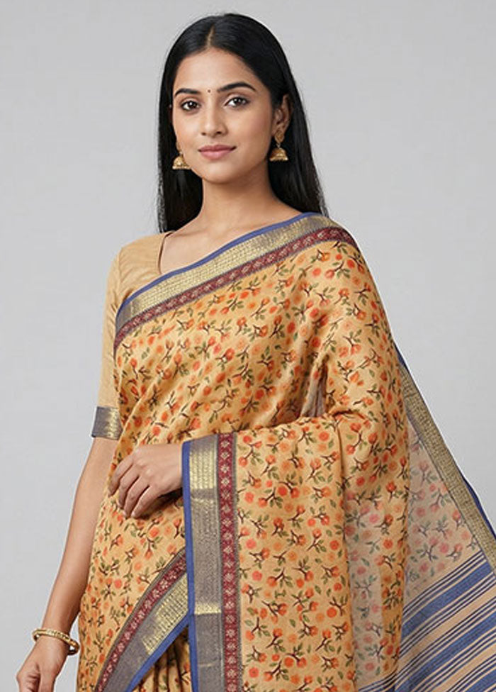 Cream Printed Pure Silk Saree Without Blouse Piece