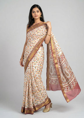 White Printed Pure Silk Saree Without Blouse Piece