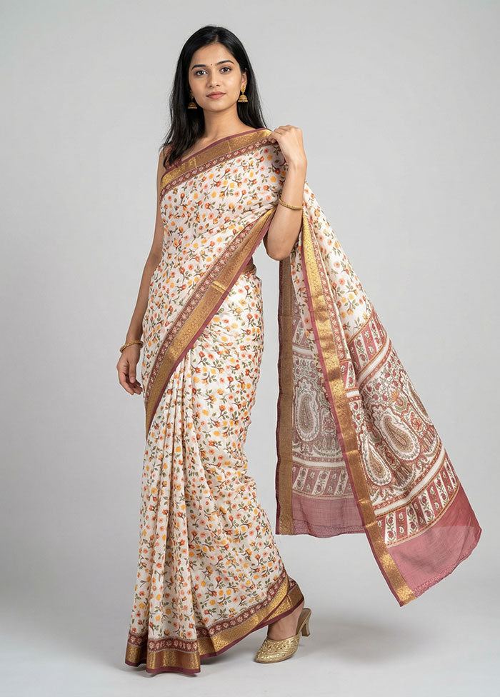 White Printed Pure Silk Saree Without Blouse Piece