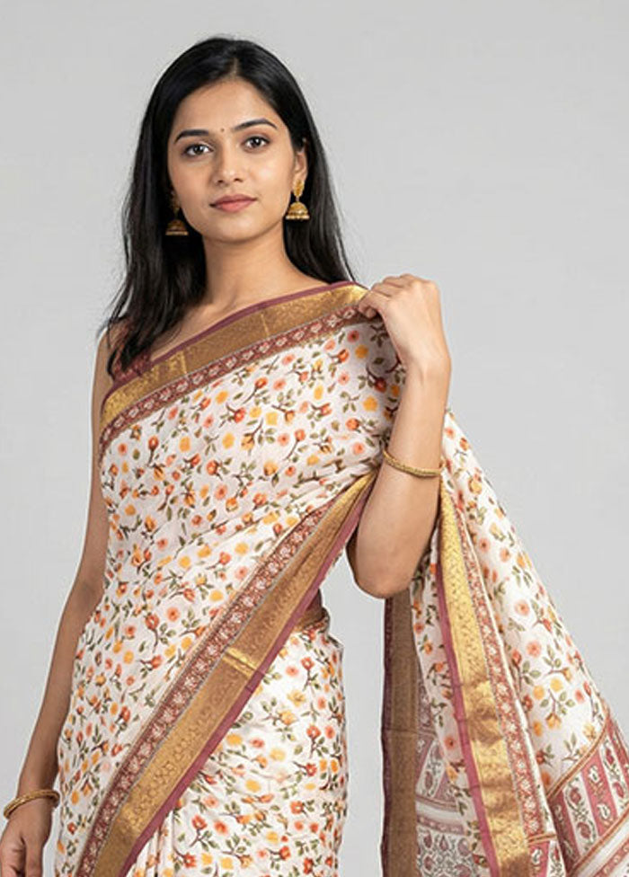 White Printed Pure Silk Saree Without Blouse Piece