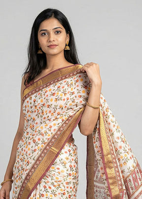 White Printed Pure Silk Saree Without Blouse Piece