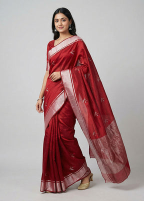 Maroon Handloom Chanderi Pure Silk Saree With Blouse Piece