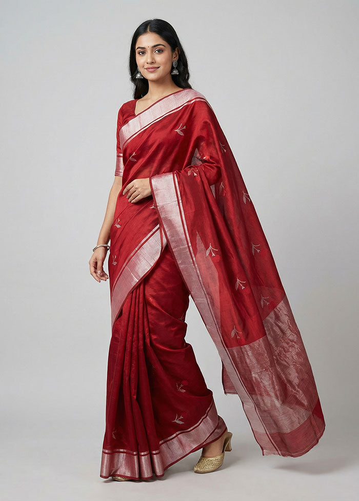 Maroon Handloom Chanderi Pure Silk Saree With Blouse Piece