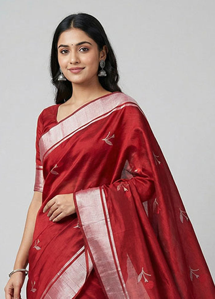 Maroon Handloom Chanderi Pure Silk Saree With Blouse Piece