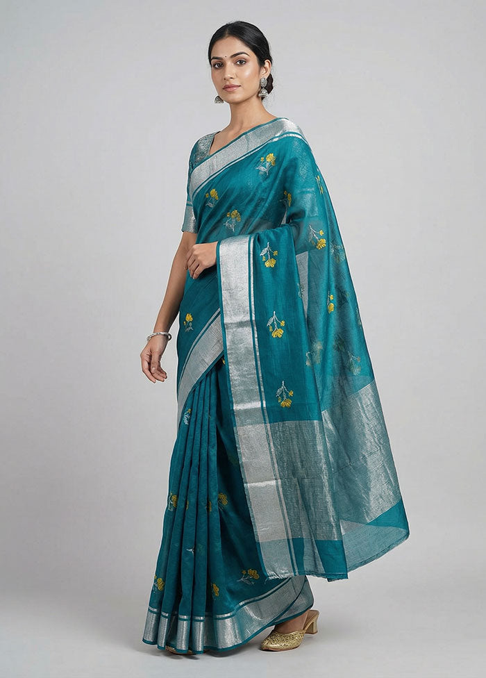 Blue Handloom Chanderi Pure Silk Saree With Blouse Piece