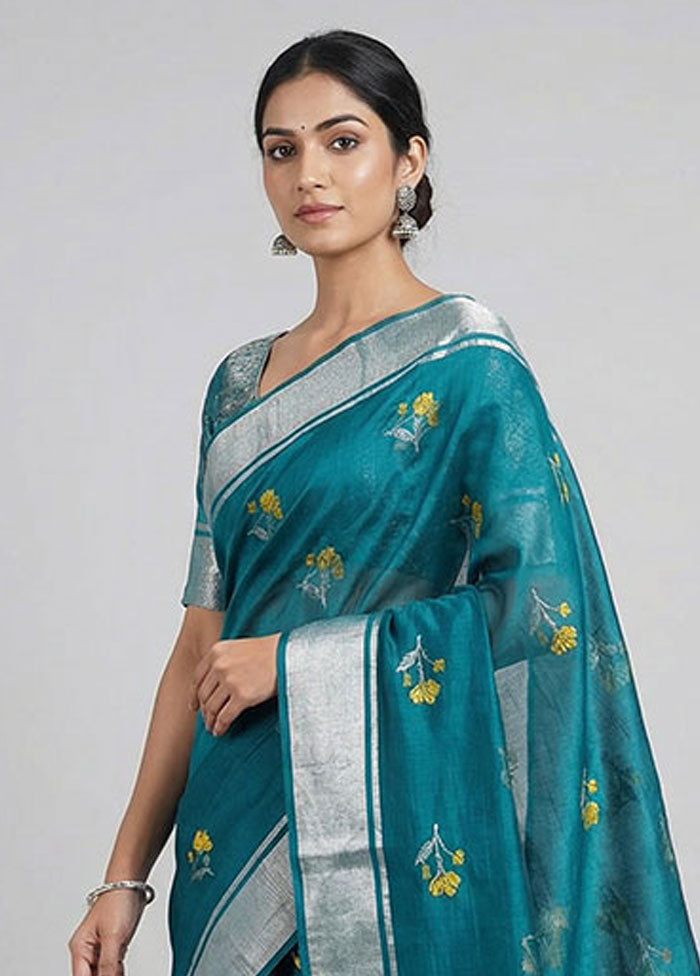 Blue Handloom Chanderi Pure Silk Saree With Blouse Piece