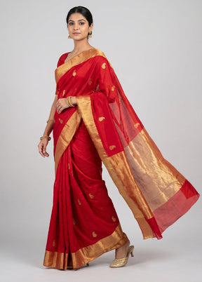 Red Handloom Chanderi Pure Silk Saree With Blouse Piece