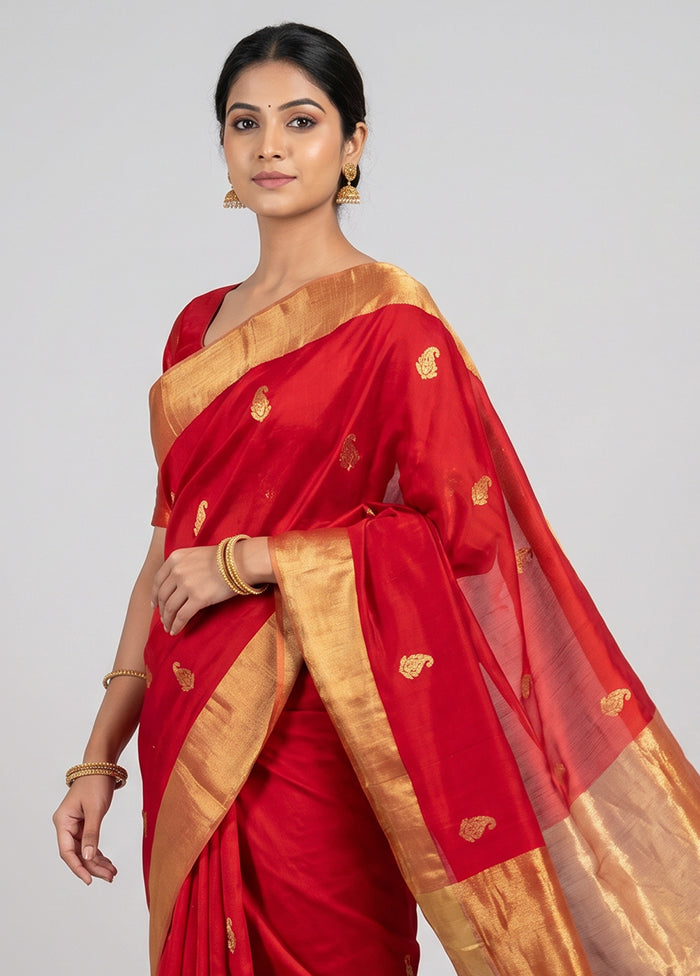 Red Handloom Chanderi Pure Silk Saree With Blouse Piece
