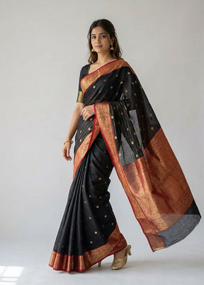 Black Handloom Chanderi Pure Silk Saree With Blouse Piece