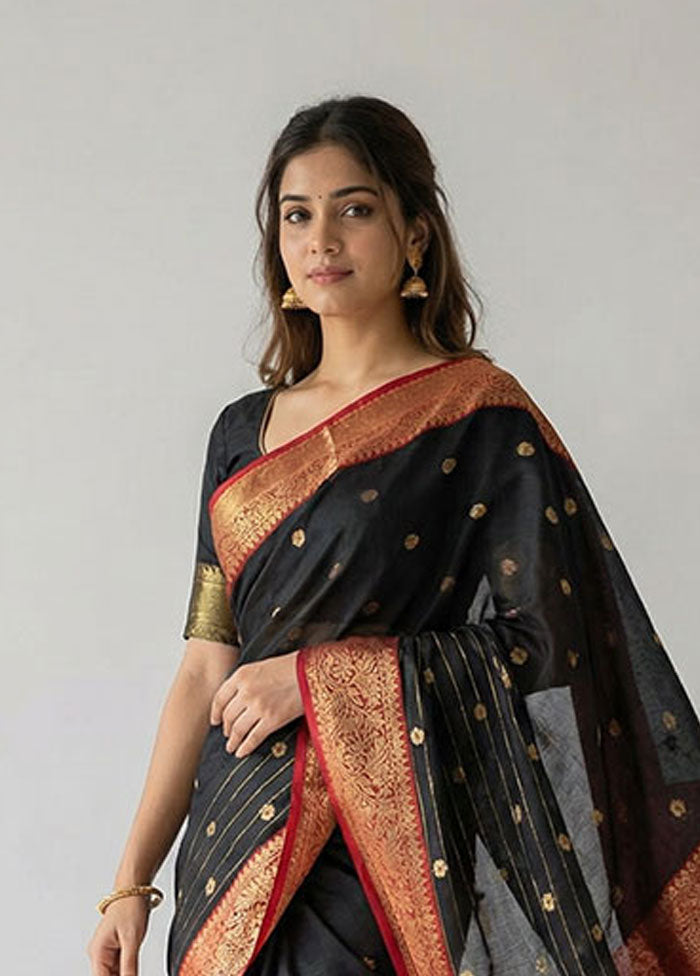 Black Handloom Chanderi Pure Silk Saree With Blouse Piece