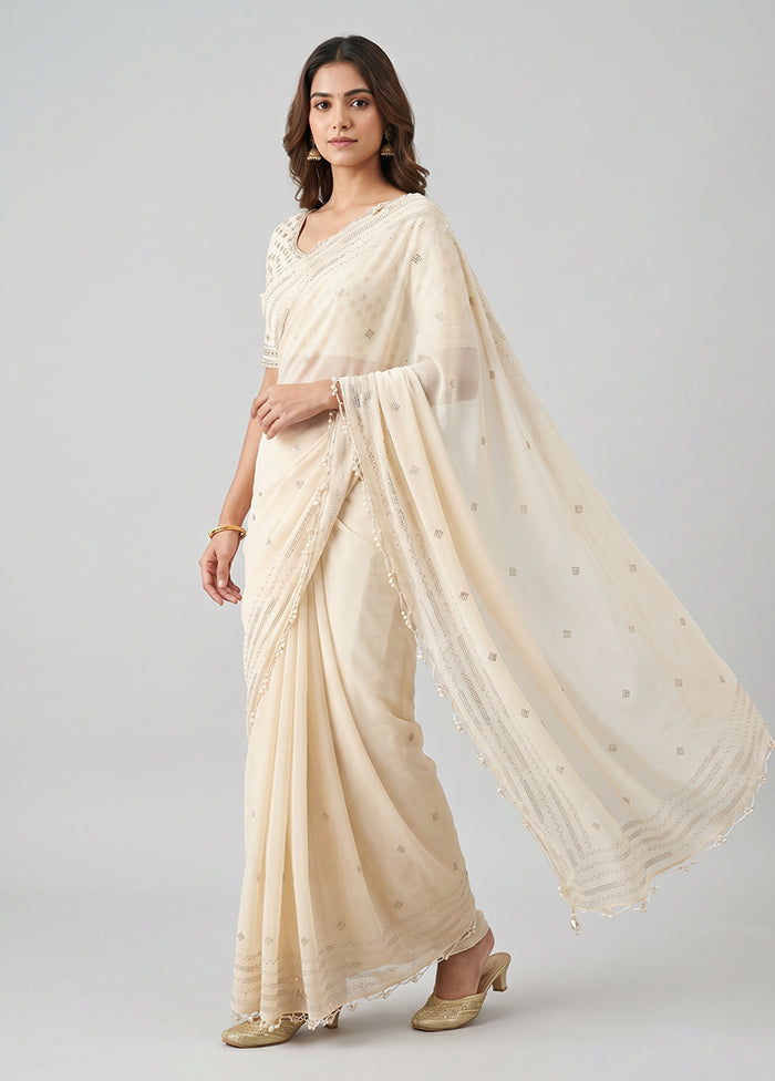 Cream Chiffon Silk Saree With Blouse Piece