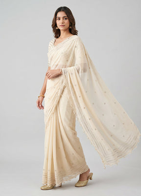 Cream Chiffon Silk Saree With Blouse Piece