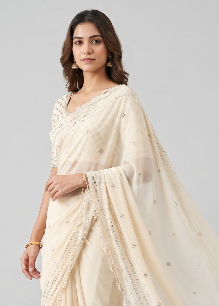Cream Chiffon Silk Saree With Blouse Piece