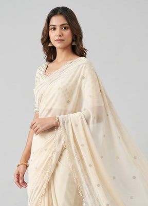 Cream Chiffon Silk Saree With Blouse Piece