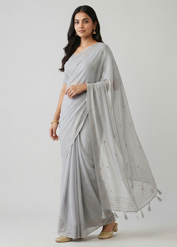 Grey Chiffon Silk Saree With Blouse Piece