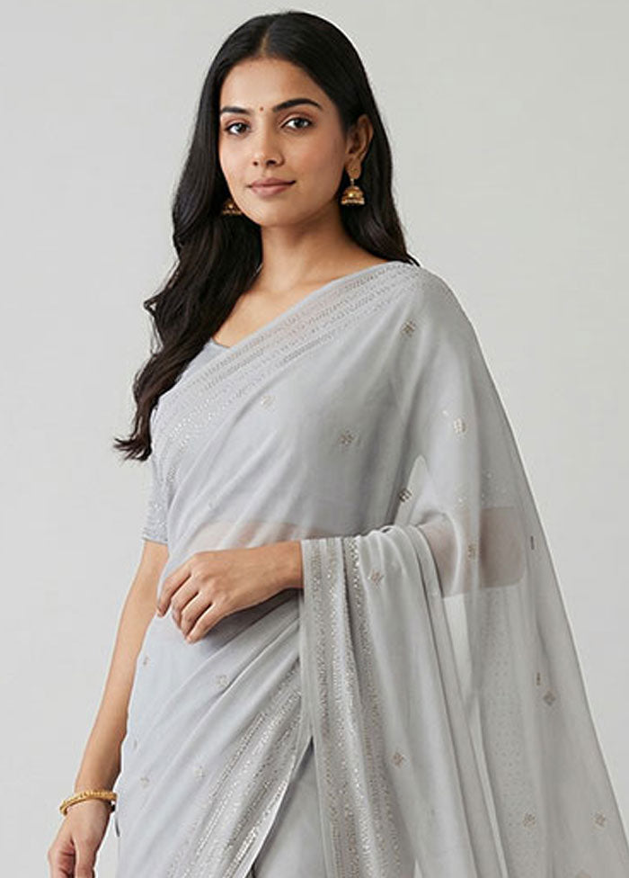 Grey Chiffon Silk Saree With Blouse Piece