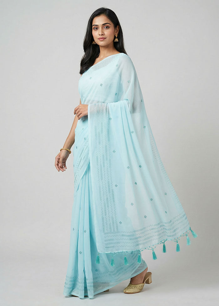 Blue Chiffon Silk Saree With Blouse Piece